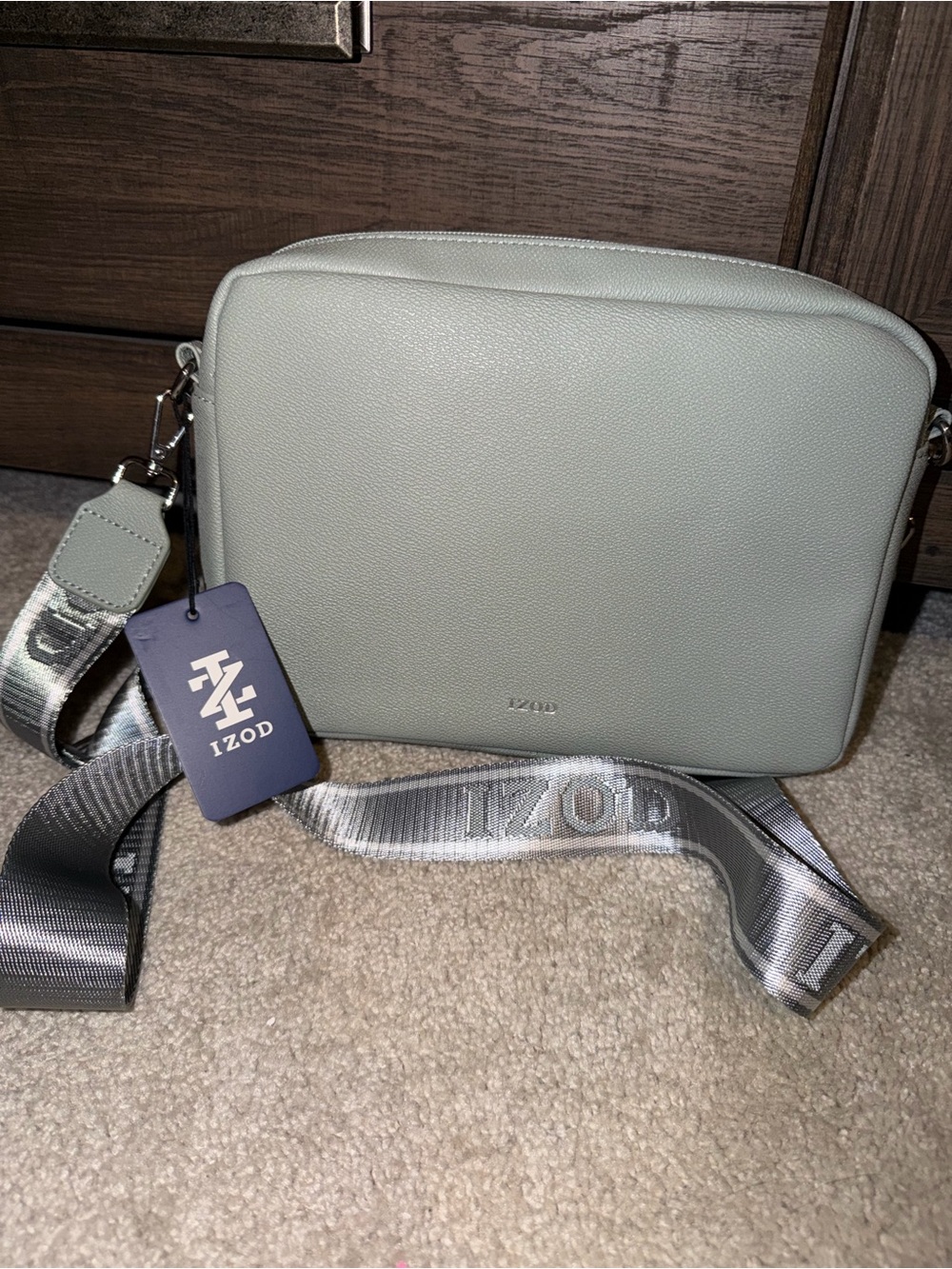 Izod Sage Green Pebble Leather Messenger with Branded Strap